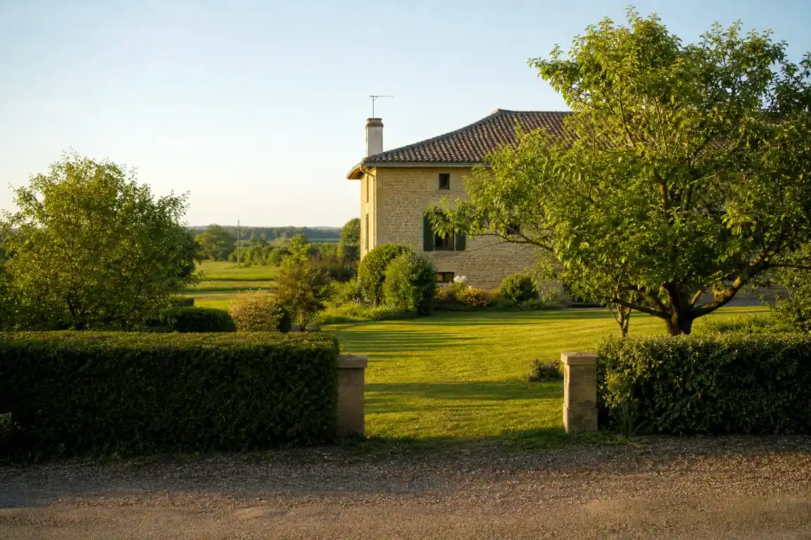 Photo d'un jardin soigné devant une maison bressane, pelouse fraîchement tondue et haies nettes, bocage et prairies en arrière-plan, lumière douce de fin d'après-midi, cadrage large depuis la rue.