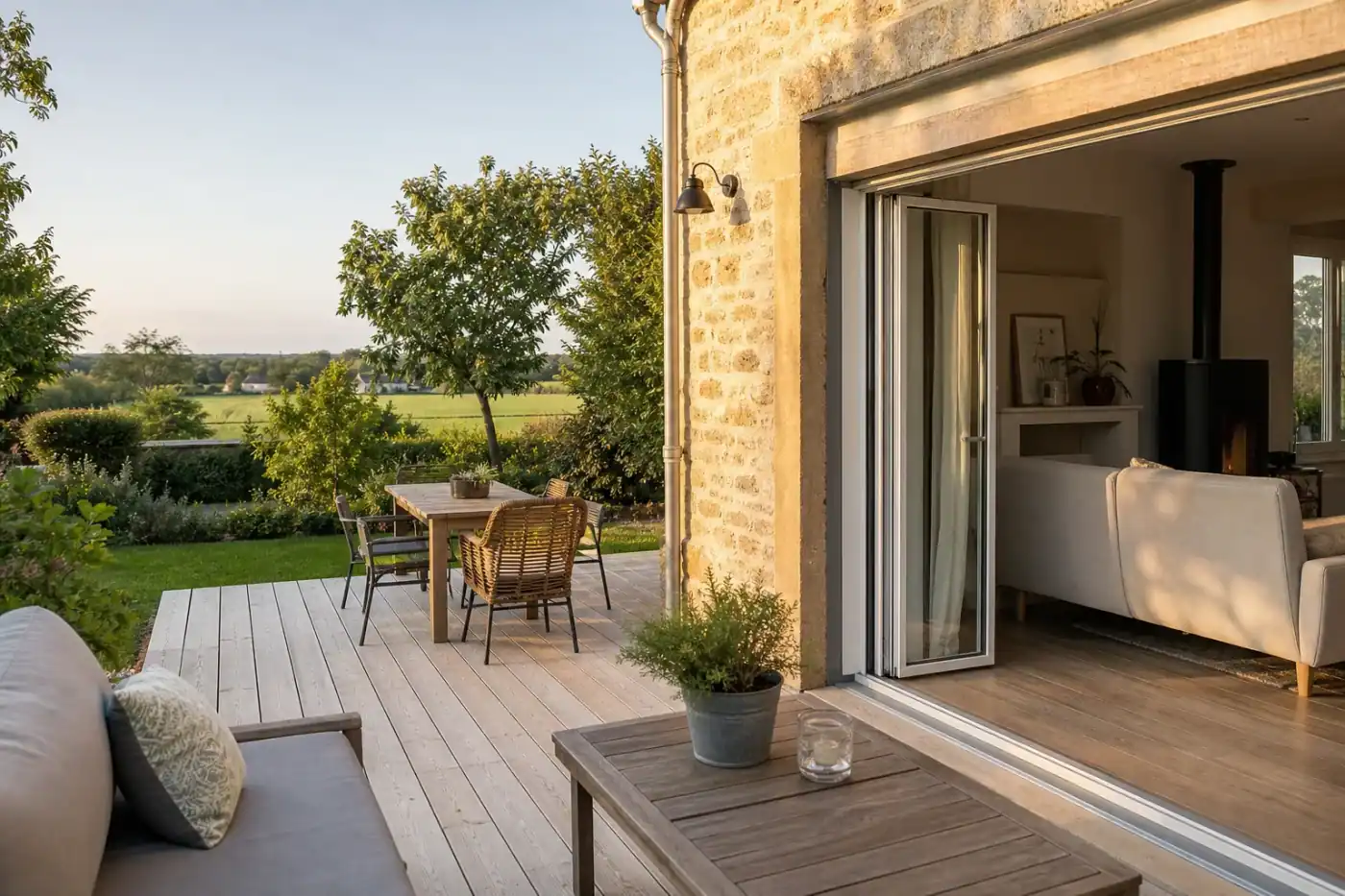 Terrasse de plain-pied en bois clair prolongeant une maison de faubourg à Bourg-en-Bresse, porte-fenêtre ouverte sur le salon, mobilier sobre, jardin vert de bocage en arrière-plan, lumière chaude de fin d'après-midi, cadrage large montrant le raccord de seuil.