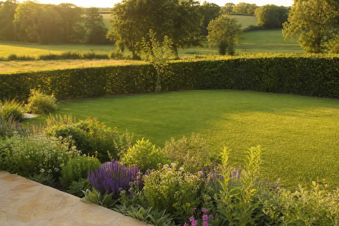 Jardin de particulier burgien vu depuis la terrasse : pelouse dense fraîchement tondue, haie de charmille taillée net, massif fleuri de vivaces au premier plan, lumière rasante dorée, aucune personne visible.