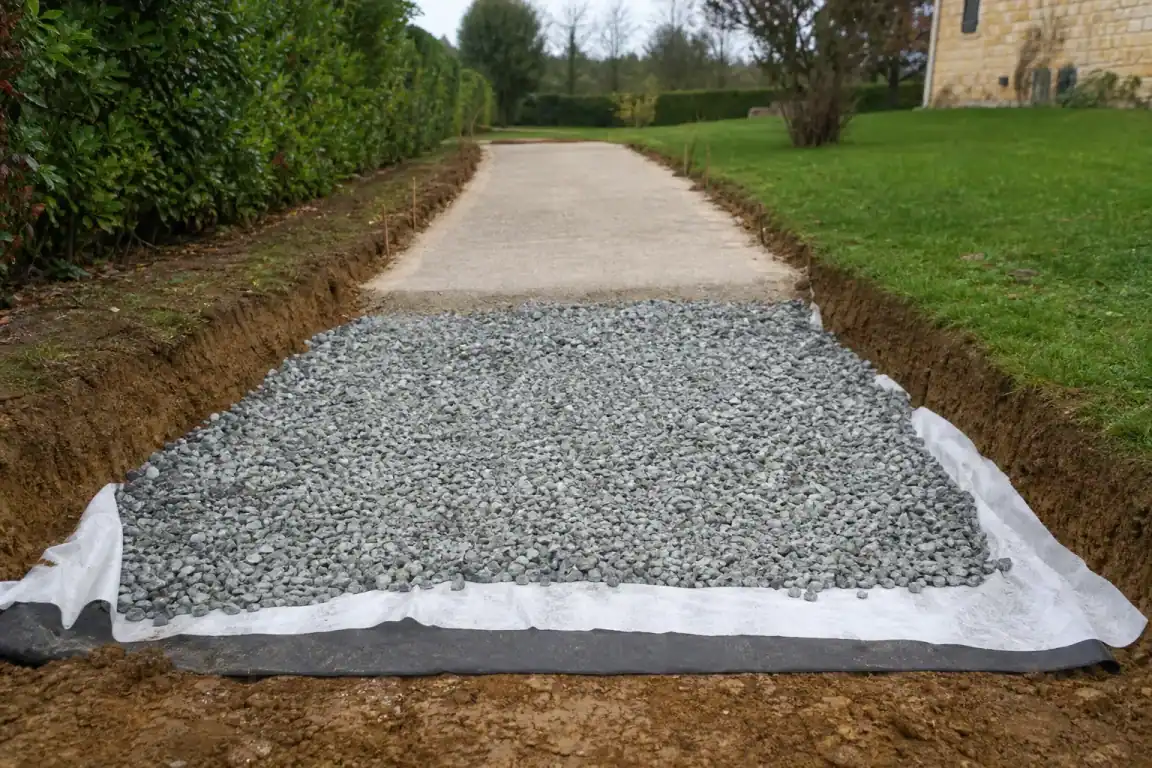 Coupe pédagogique d'une allée bien fondée : décaissement, géotextile, lit de concassé compacté et revêtement, sur sol argilo-limoneux frais de la Bresse.