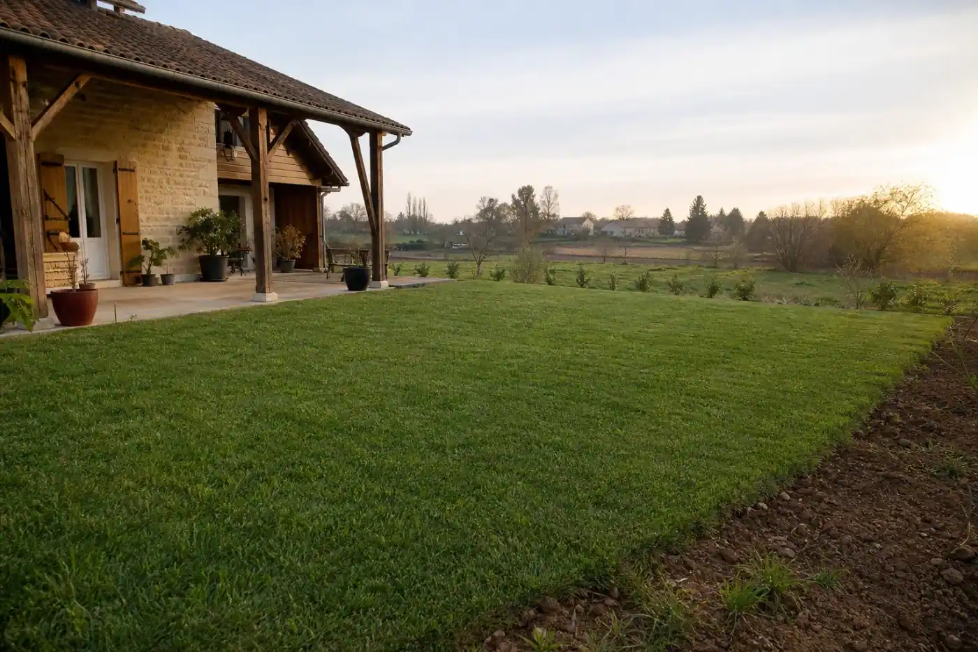 Grande pelouse fraîchement engazonnée, dense et bien verte, devant une maison bressane à Bourg-en-Bresse, terre argilo-limoneuse visible en bordure, prairies et haies du bocage en arrière-plan, lumière douce de fin de journée.