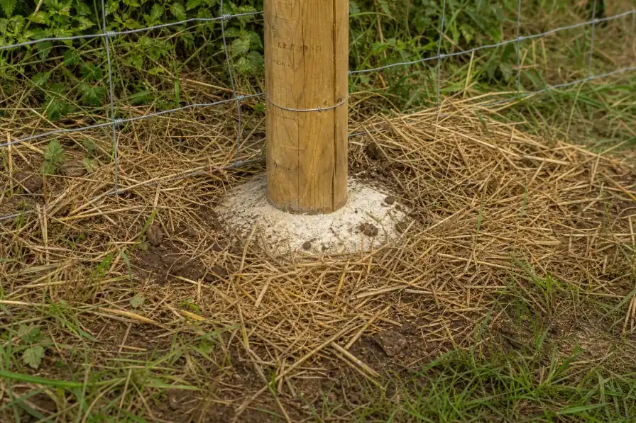 Gros plan sur le pied d'un poteau de clôture solidement ancré et scellé dans un sol argilo-limoneux typique de la Bresse, finition paillée nette au sol.