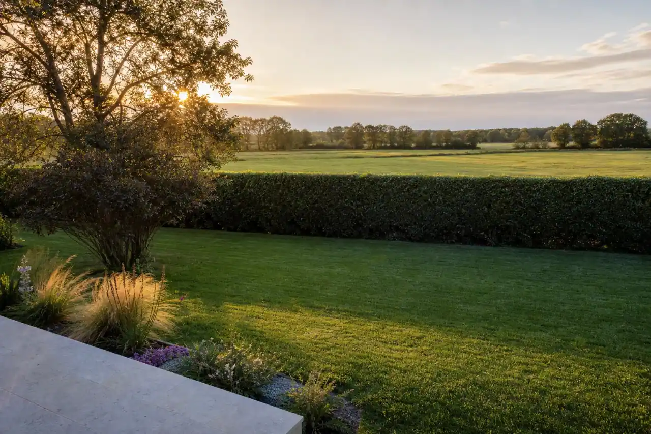 Jardin de pavillon à Saint-Denis-lès-Bourg en fin d'après-midi, pelouse dense bordée d'une haie bocagère taillée, petite terrasse et massif de vivaces au premier plan, plaine et prairies bressanes en arrière-plan, lumière douce rasante, cadrage large horizontal.