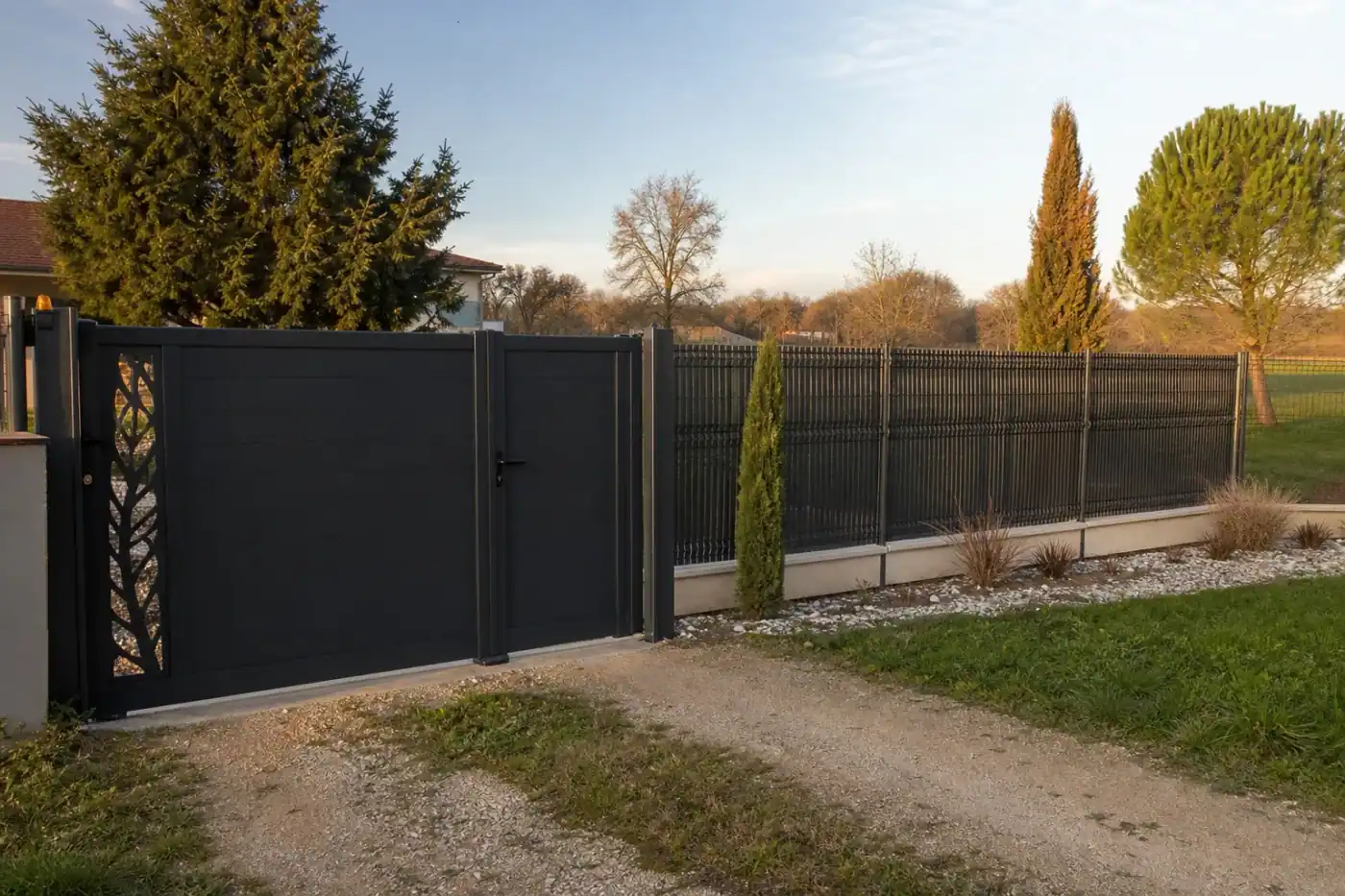 Photo d'une clôture moderne récente, panneaux ou grillage rigide doublé d'un brise-vue, dans un jardin de la région de Bourg-en-Bresse, terrain plat et verdoyant de bocage bressan, portail d'entrée soigné, lumière douce de fin d'après-midi, ambiance paisible et intime.