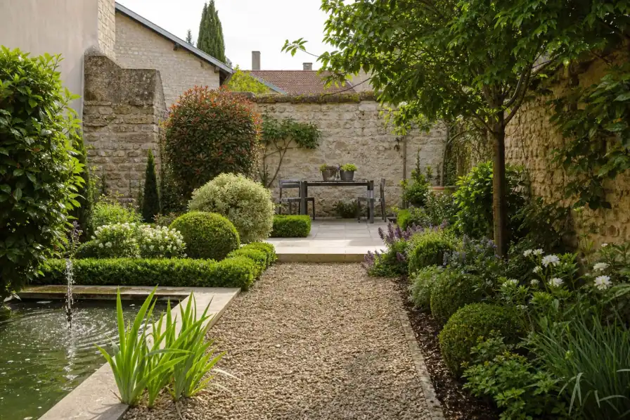 Vue d'un petit jardin de ville de faubourg burgien : terrasse encadrée de murs, cheminement net, massifs graphiques et point d'eau, ambiance intime et soignée.