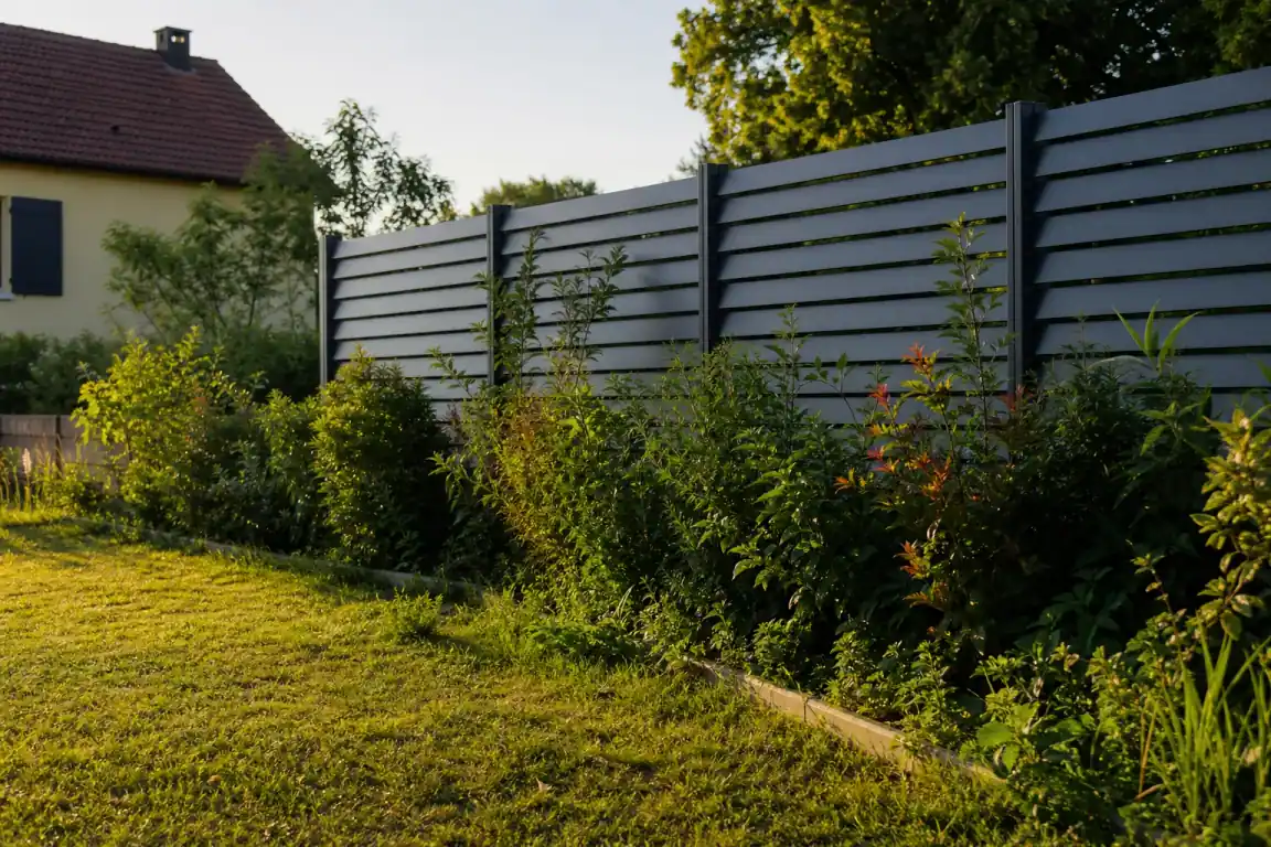 Un brise-vue en lames doublé d'une jeune haie bocagère le long d'une limite de jardin près de Bourg-en-Bresse, vue montrant l'intimité gagnée sur le vis-à-vis.