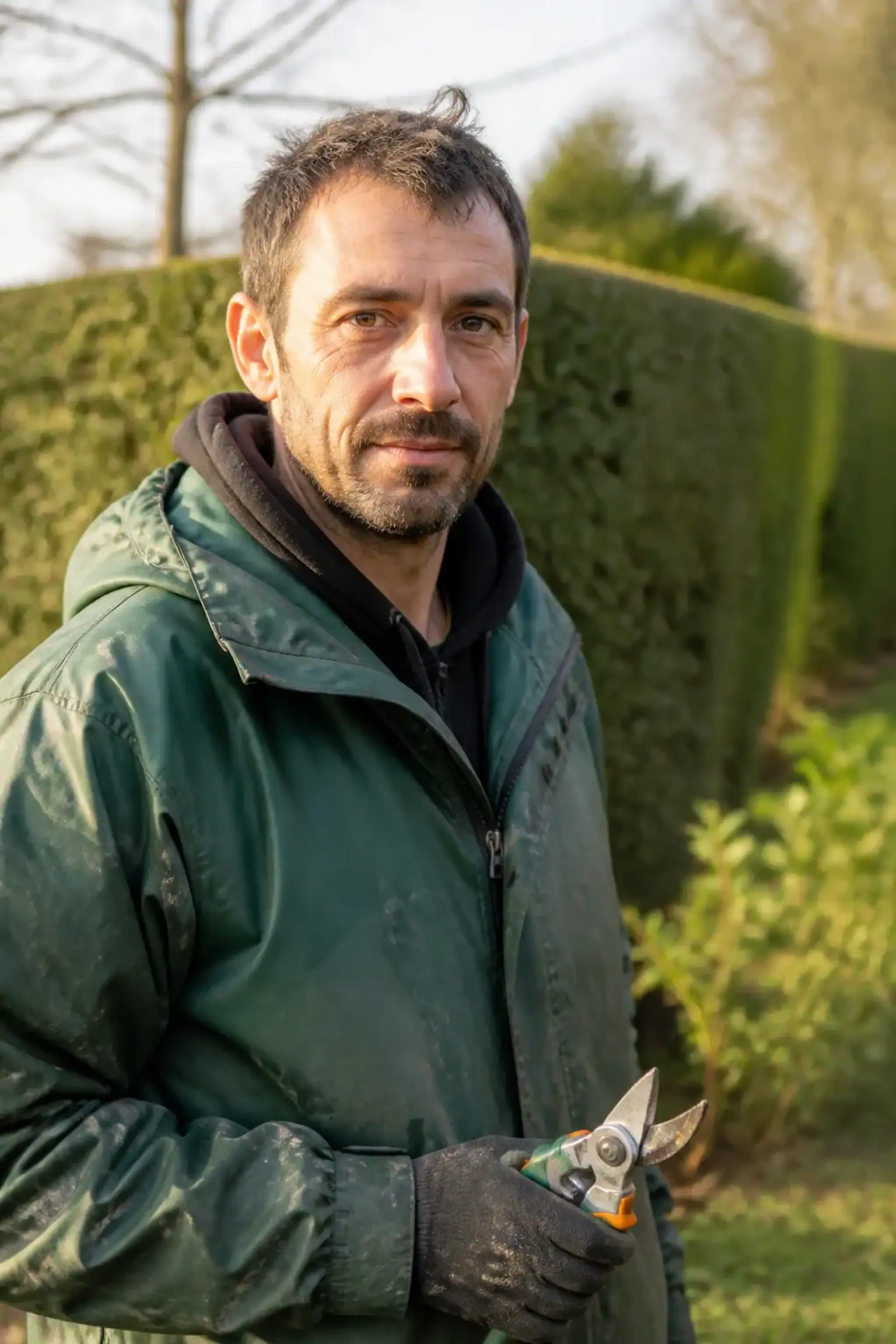 Portrait naturel en extérieur d'un homme d'une quarantaine d'années, veste de travail verte de jardinier, sécateur à la main, haie taillée floue en arrière-plan, expression sobre et confiante, cadrage buste, lumière douce de fin de journée, aucune retouche apparente.
