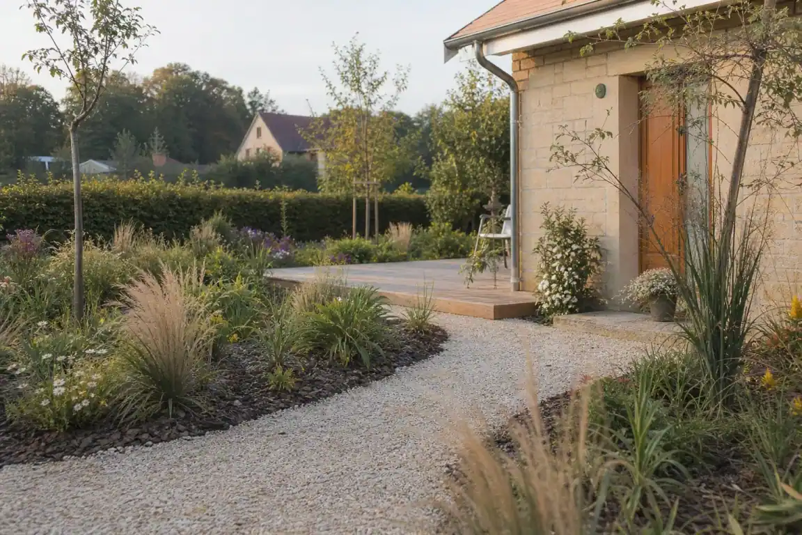 Photo d'un jardin contemporain fraîchement créé devant une maison de la région de Bourg-en-Bresse : massifs de graminées et de vivaces, allée en gravier clair, terrasse, sol frais de bocage, lumière douce de fin de journée.