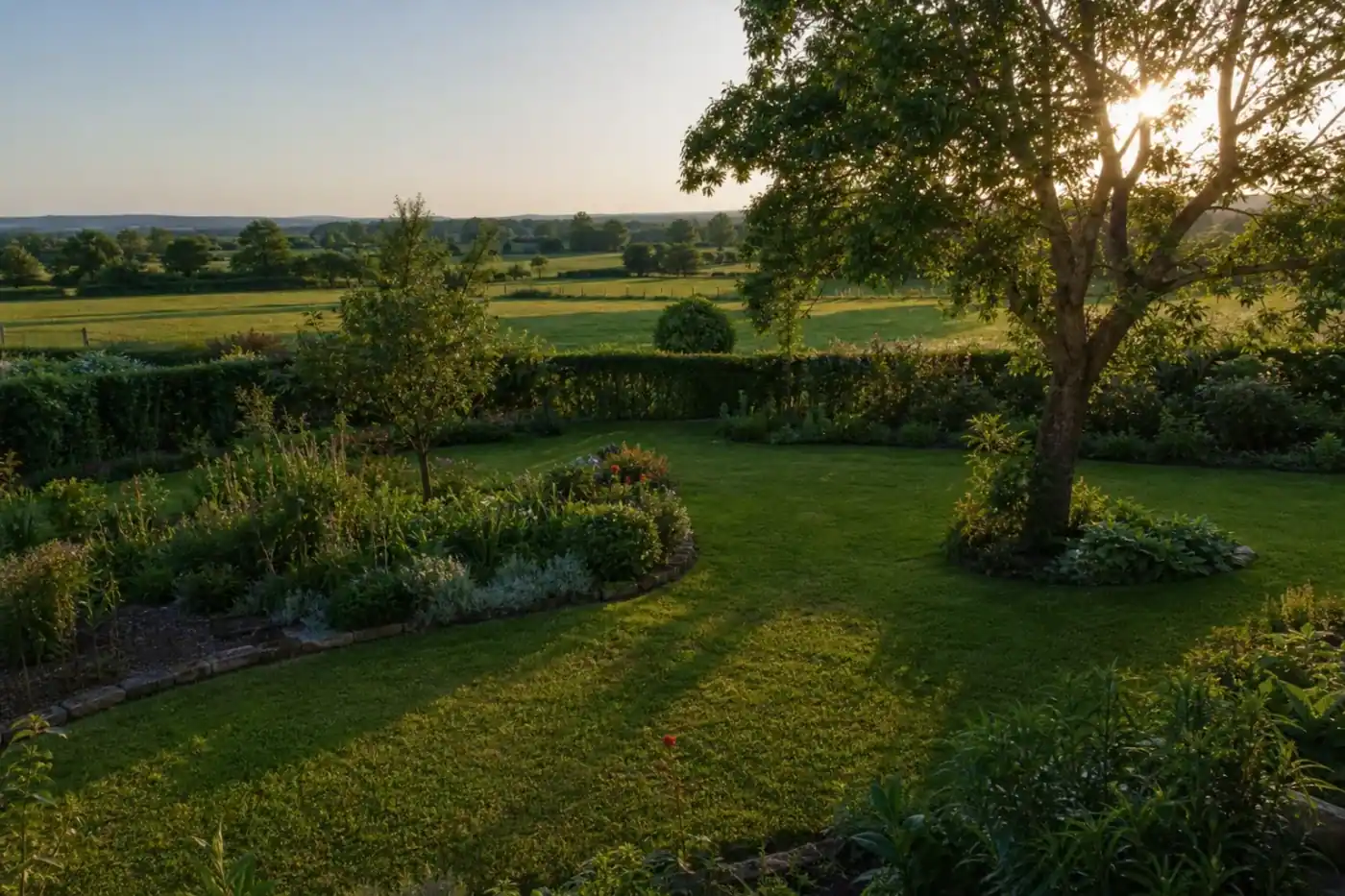Jardin résidentiel soigné en bordure de la campagne bressane au sud-ouest de Bourg-en-Bresse, pelouse dense et bien verte, massifs structurés, haie bocagère en arrière-plan, lumière douce de fin de journée, cadrage large légèrement en plongée.