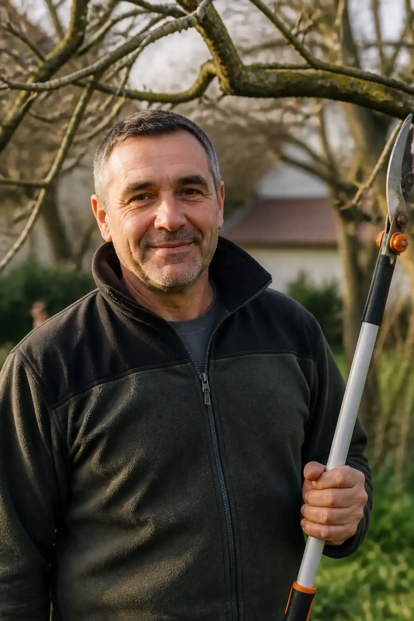 Portrait d'un homme d'une cinquantaine d'années, veste polaire de travail, une perche d'élagage à la main, arbre fruitier de jardin flou derrière lui, sourire discret, cadrage buste, lumière chaude.