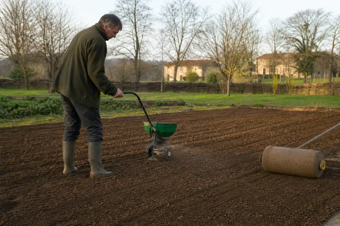Épandeur à semences en action sur un lit de semis ameubli et ratissé d'un jardin bressan, sillons réguliers, rouleau de jardin posé à côté prêt à plaquer les graines, sol argilo-limoneux net.