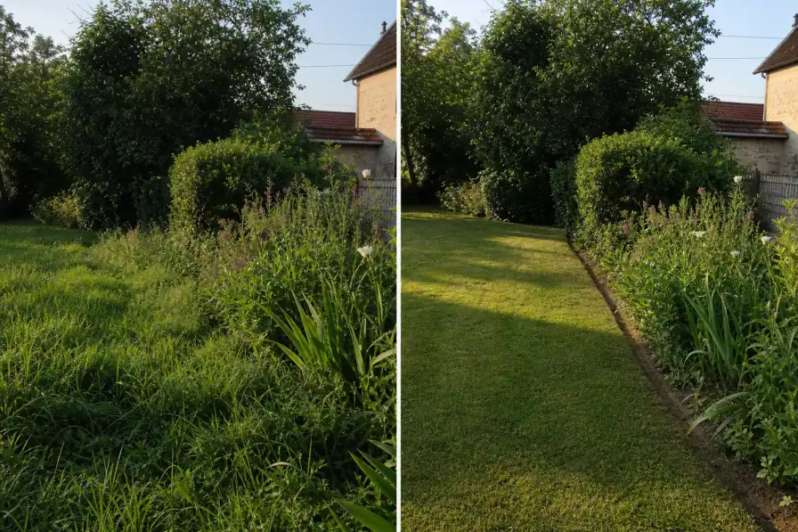 Bande avant/après d'un même jardin de faubourg burgien : à gauche pelouse haute et massif envahi, à droite pelouse tondue net et bordure au cordeau, même angle, même lumière.