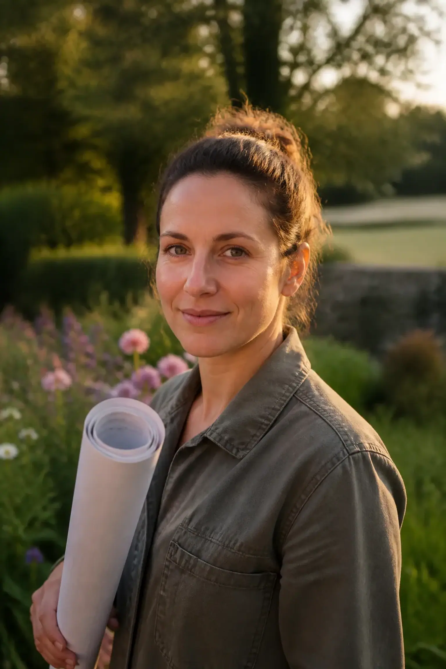 Portrait en extérieur d'une femme d'une trentaine d'années, veste de travail, un plan de jardin roulé à la main, massif fleuri de vivaces flou derrière elle, expression posée et avenante, cadrage buste, lumière de fin de journée.