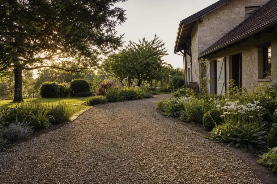 Allée de jardin en gravier stabilisé courbe menant à une maison bressane, gravier dans des teintes chaudes proches de la pierre dorée de Brou, bordée de massifs de vivaces sobres, sol frais du bocage, lumière douce de fin de journée.