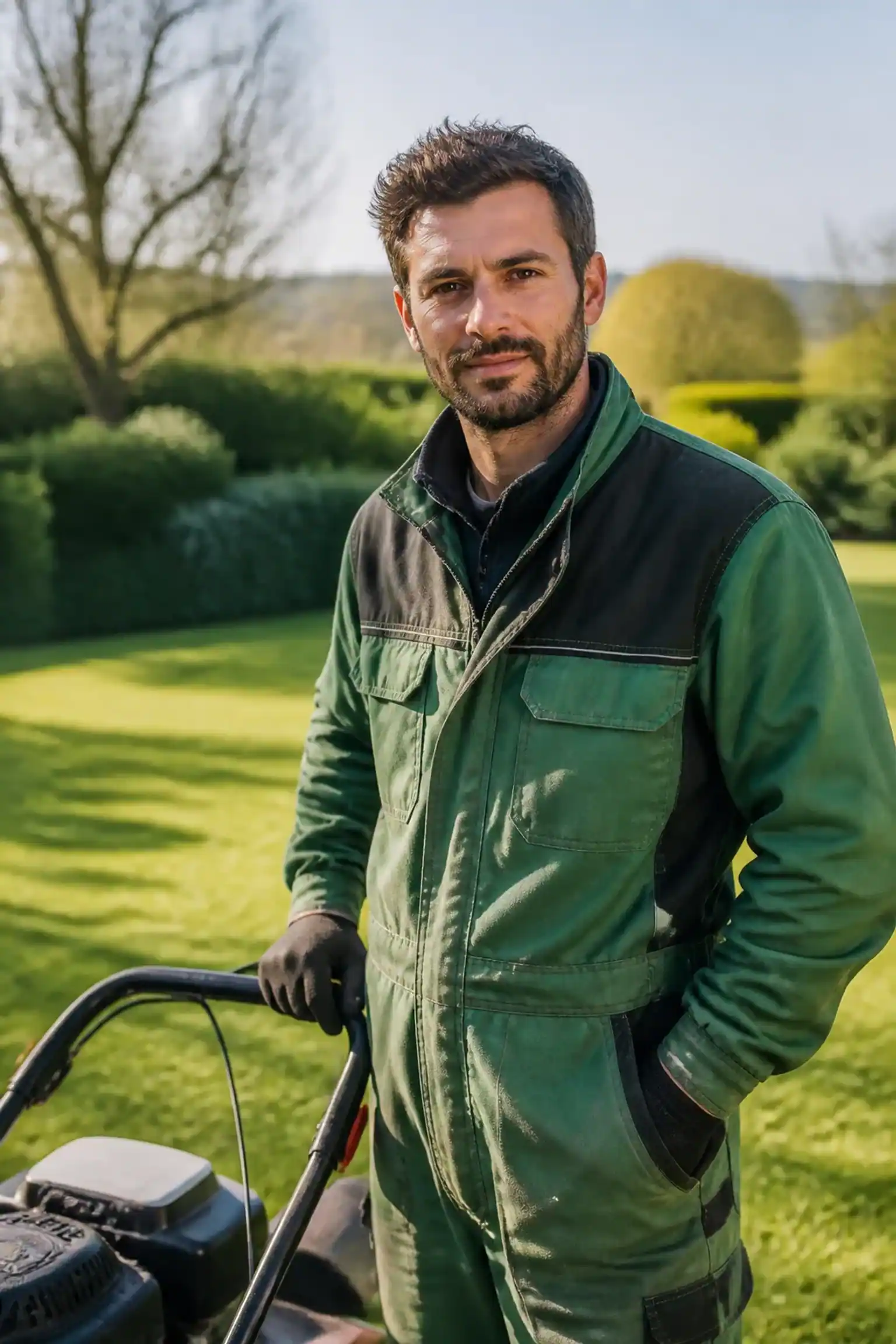 Portrait d'un homme d'une trentaine d'années en tenue de jardinier, debout près d'une tondeuse thermique, pelouse fraîchement tondue en arrière-plan flou, regard franc, cadrage buste, ambiance de matinée claire.